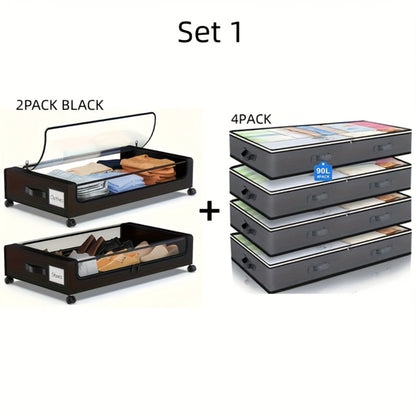 Rolling Fabric Under-Bed Storage Bins with Clear Zip Covers, Label Windows and Black or Gray Sets