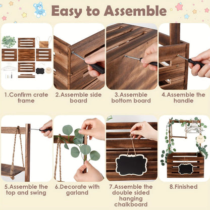 Large Wooden Gift Crate with Side Handles, Hanging Chalkboard Sign, Garlands and Baby Shower Accessories
