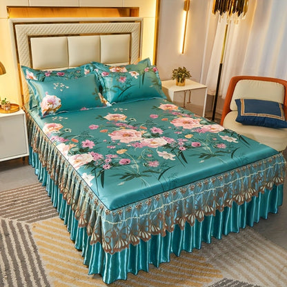 Ruffled Floral Bedspread Mat Set with Two Pillowcases, Twin to King Sizes and Four Pattern Choices