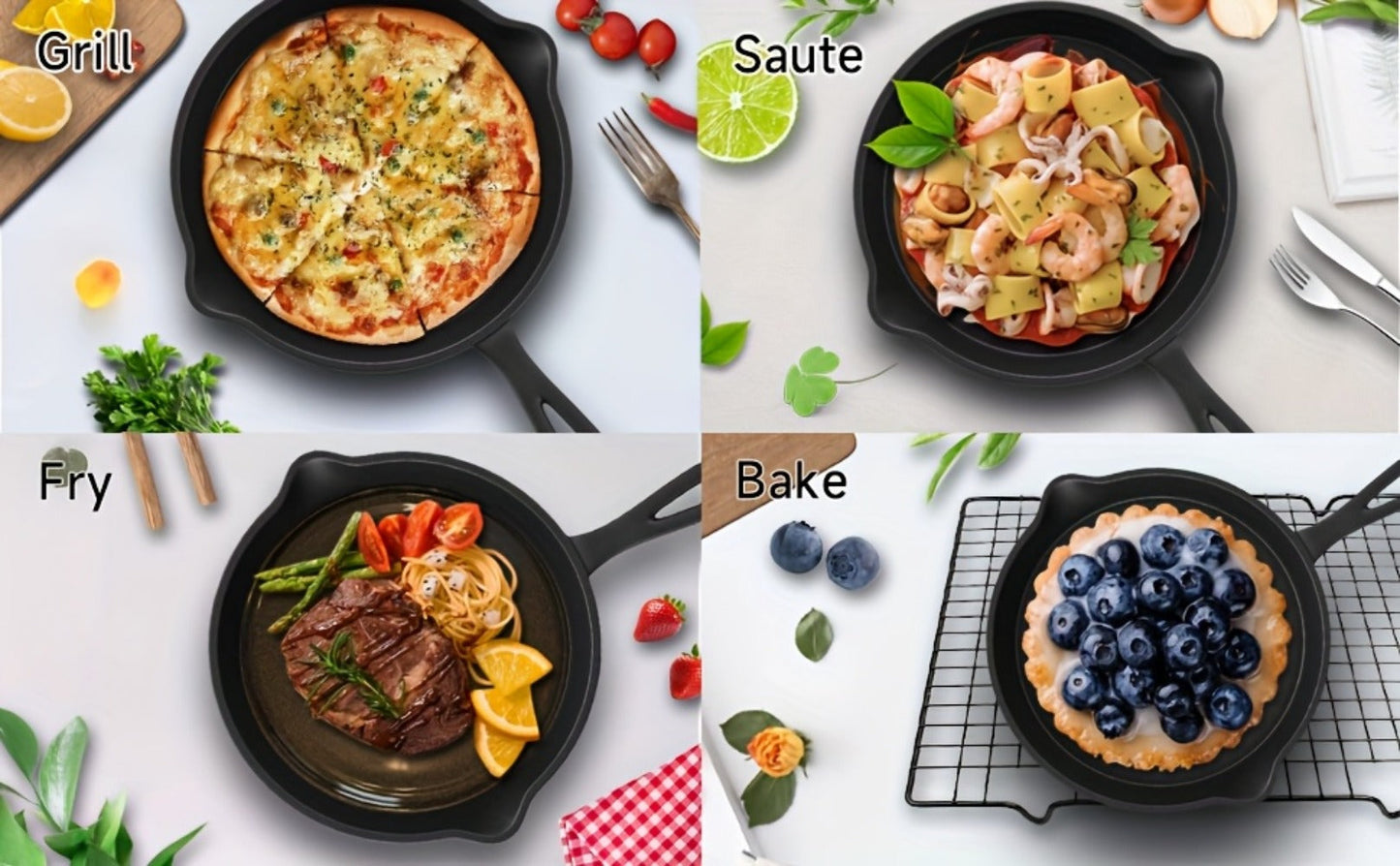 3-Piece Cast Iron Skillet Set with Long Handles, Pouring Lips and 6-, 8- and 10-Inch Graduated Pans