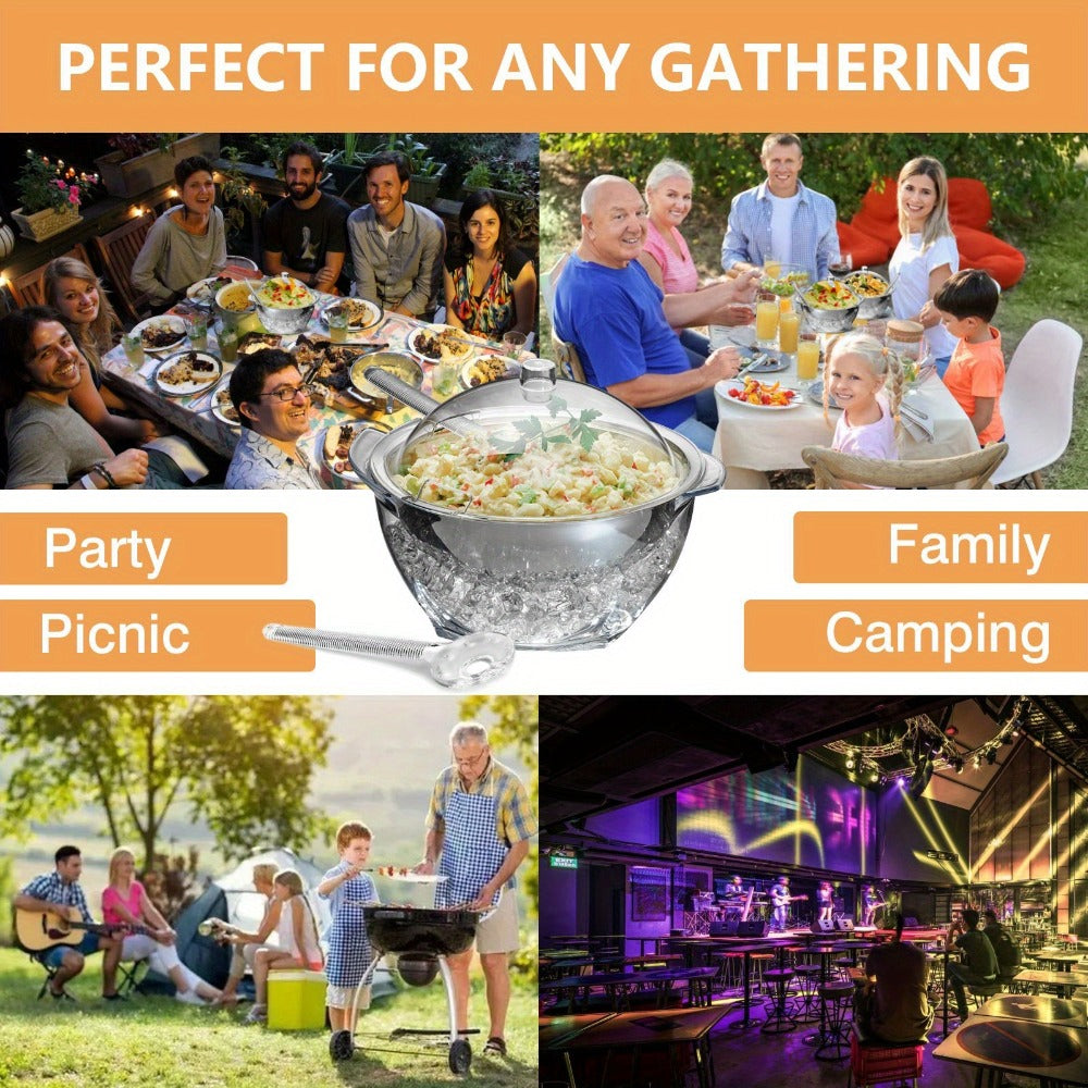 Stainless-Style Salad Bowl Set with Lid, Serving Spoons and Ice-Chiller Base for Buffet or Picnic Display