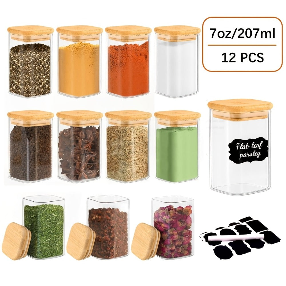 Twelve-Piece Square Glass Spice Jar Set with Bamboo-Style Lids, Labels and 7-Ounce Capacity