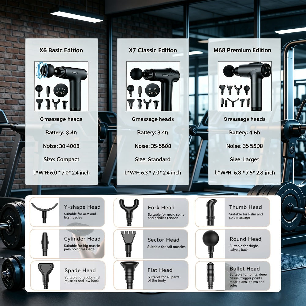 Handheld Massage Gun Collection with X6, M68-7 and X7 Model Labels in Black or Grey Finishes