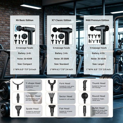 Handheld Massage Gun Collection with X6, M68-7 and X7 Model Labels in Black or Grey Finishes