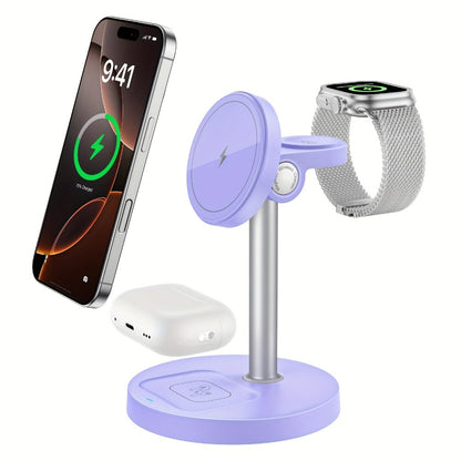 3-in-1 Wireless Charging Station 6 Colors Fast Qi Charger for iPhone 17/16/15/14/13/12, Apple Watch Ultra/Series 11/10/9/SE & AirPods 4/3/2 Pro – Anti-Slip Foreign Object Detection | Pink White Black Purple Green Blue