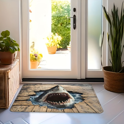 Shark Door Mat Non-Slip Washable Polyester Flannel Rug for Entryway Bathroom Bedroom Living Room Kitchen Porch Laundry RV Ocean Sea Design