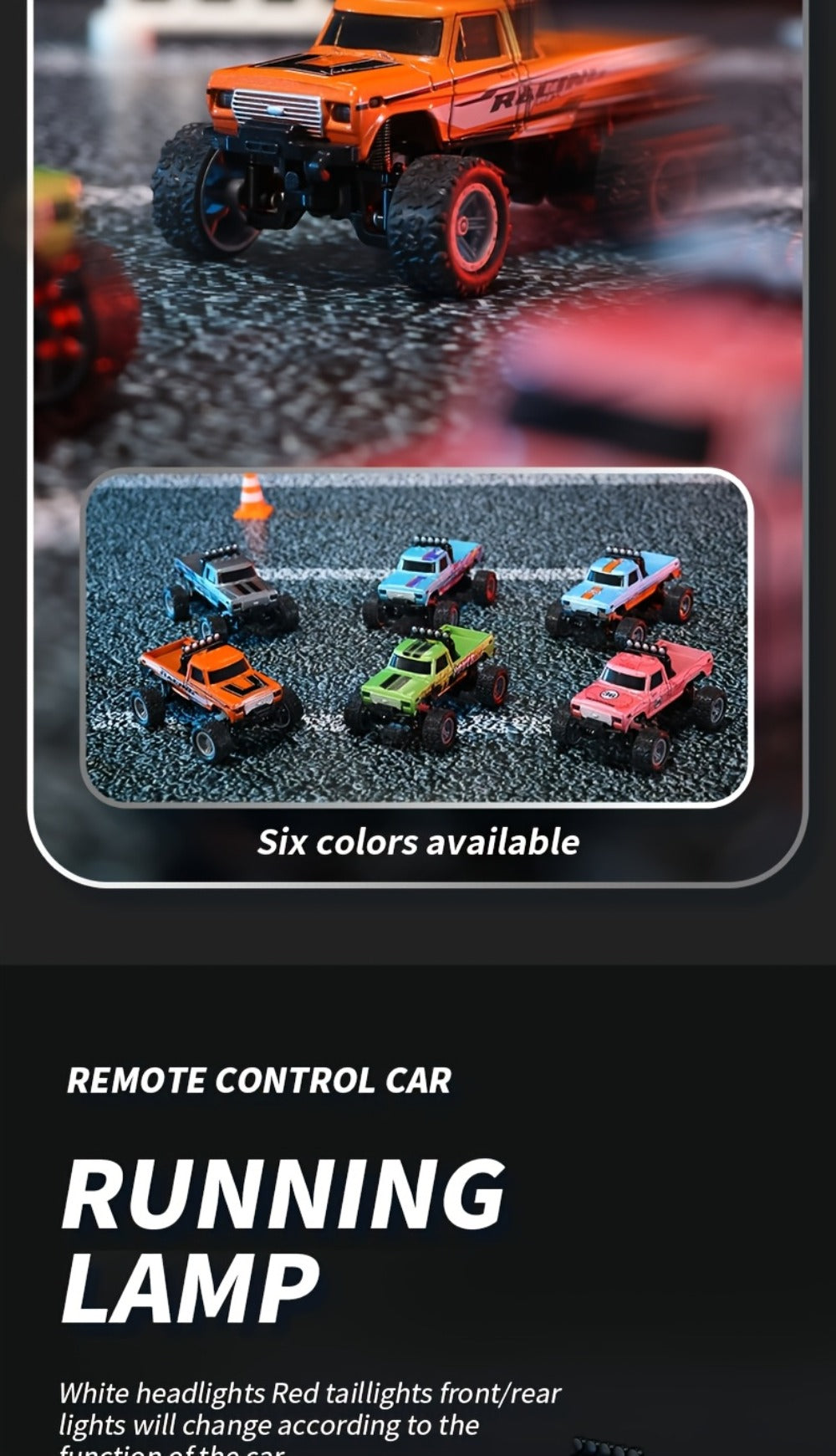 Mini RC Monster Truck 1:64 Scale with Matching Trailer, 2.4GHz Controller, LED Details and Three Color Options