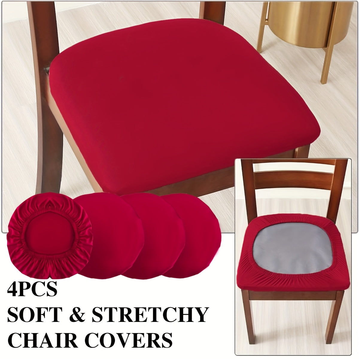 Chair Cover Set of Four Stretch Polyester Dining Seat Slipcovers with Elastic Edges in Three Colors
