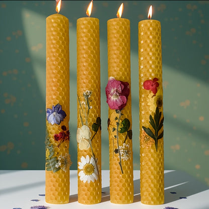 Floral Cone Candle Holders Set of 4 – 10-Inch Decorative Beeswax Taper Candles for Holiday Parties, Valentine's Day & Mother's Day Gifting