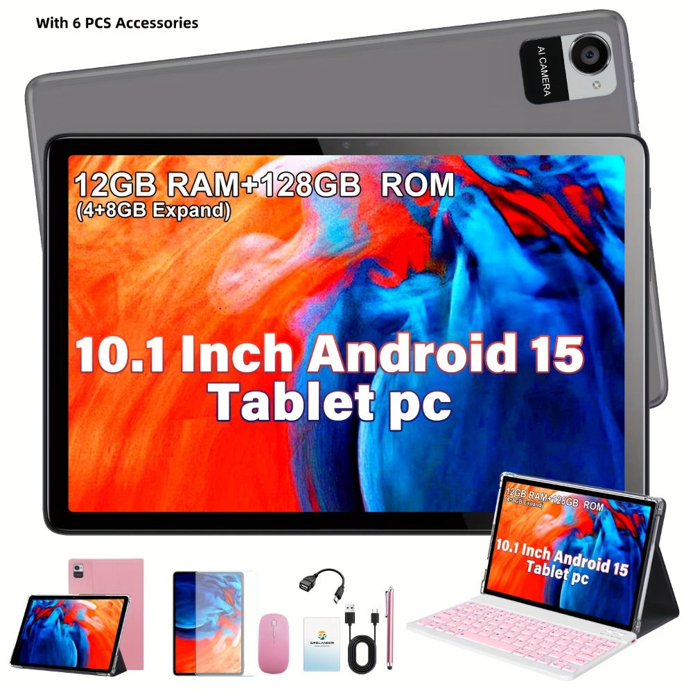 CRELANDER 10.1 Inch Android 15 Tablet 2-in-1 with Wireless Keyboard, Mouse, Case & Stylus | 128GB ROM 12GB RAM 1TB Expandable, Quad Core, Dual Camera, 2.4+5G Wi-Fi, IPS HD Display, GMS Certified