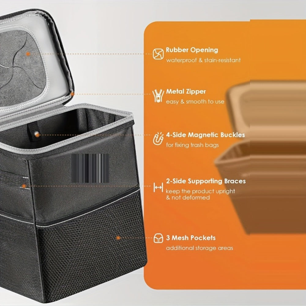 Car Trash Can with Lid - 2 Gallon Leak-Proof Garbage Bin with Storage Pockets for Car, SUV & Truck - Multipurpose Vehicle Waste Bin, Black