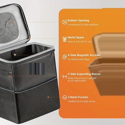 Car Trash Can with Lid - 2 Gallon Leak-Proof Garbage Bin with Storage Pockets for Car, SUV & Truck - Multipurpose Vehicle Waste Bin, Black