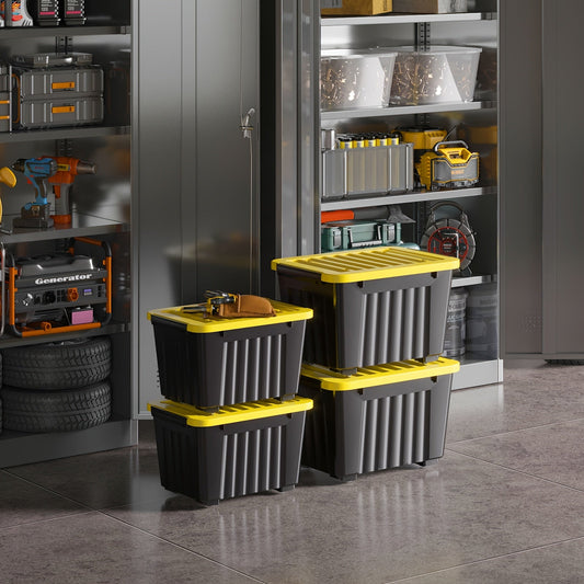 Stackable Storage Bins with Lids and Wheels | 72QT & 97QT Heavy Duty Bins | 4 or 6 Pack | 220LB Capacity | Clear, Blue/White, Black/Yellow