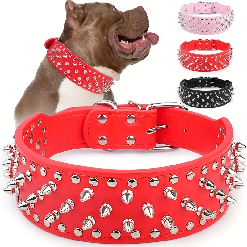 Wide Studded Dog Collar with Faux-Leather Band, Metal Spikes and Rivets in Six Colors, Sizes M and L
