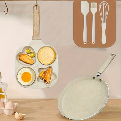 Cookware Set ABKOK 5-Piece Beige Frying Pan, Divided Breakfast Pan, Whisk, Brush and Spatula
