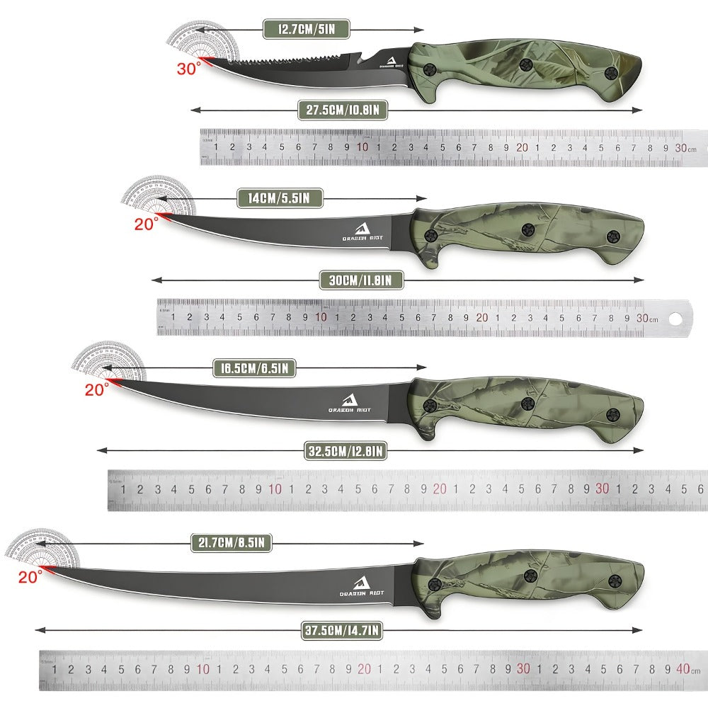 Four-Piece Fillet Knife Set with 5-, 6-, 7- and 9-Inch Labels, Zip Storage Bag and Pocket Sharpener