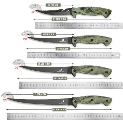 Four-Piece Fillet Knife Set with 5-, 6-, 7- and 9-Inch Labels, Zip Storage Bag and Pocket Sharpener