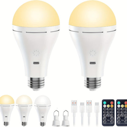 USB-Rechargeable E26 LED Light Bulbs, Two-Pack with Remote, Hanging Hooks, Three Color Controls and Timer Buttons