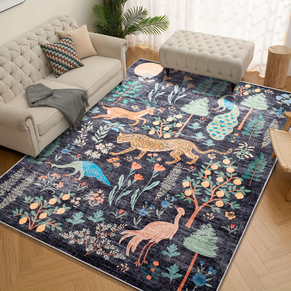 Area Rug, Jungle Animal and Tiger Print Indoor Carpet in Black, Green or Pink with Four Room-Size Options