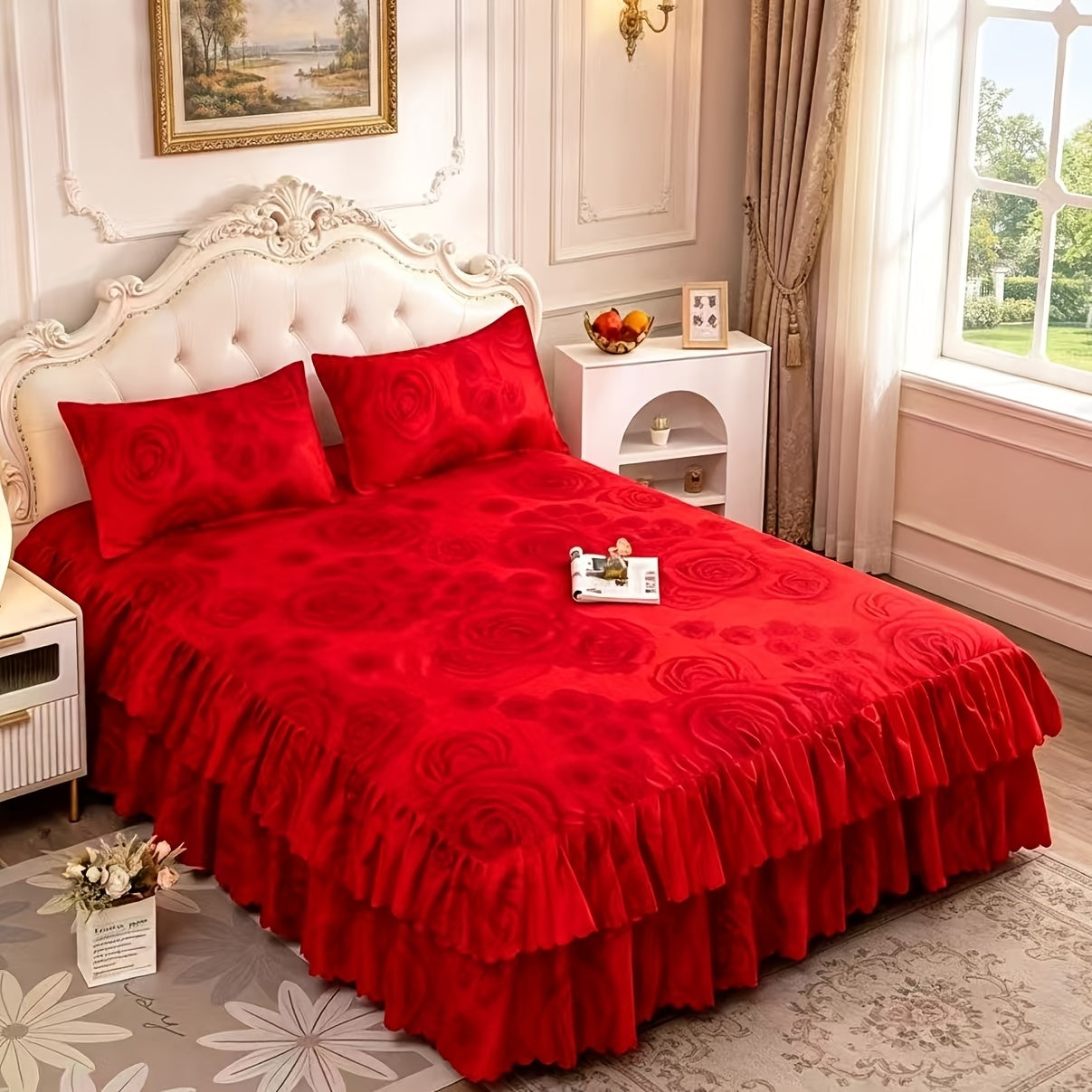 Three-Piece Floral Ruffle Bed Skirt Set with Two Pillowcases in Five Designs and Three Bed Sizes