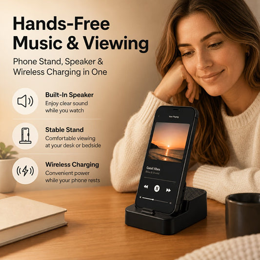 Magnetic Wireless Speaker Stand with Emergency Charging – 360° Adjustable Foldable Phone Holder, Portable Bluetooth Speaker, Compatible with iPhone & Android, for Home, Travel & Office