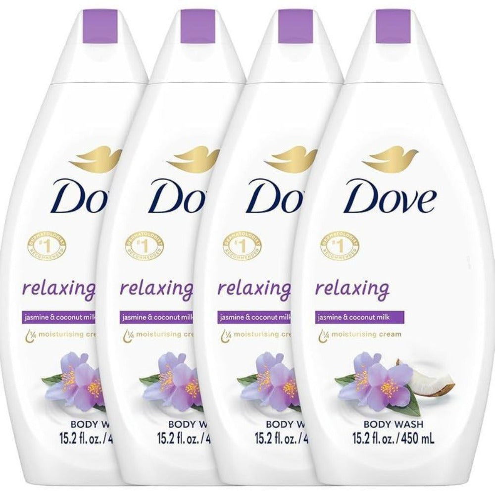 Four-Pack Dove Body Wash with Coconut Milk and Jasmine Petals Label, 450ml Flip-Cap Bottles