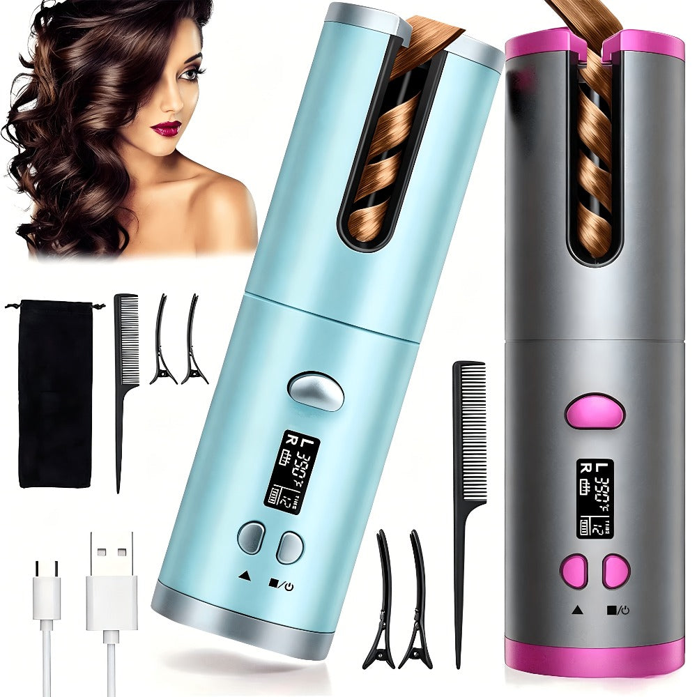 Cordless Automatic Hair Curler USB Rechargeable Rotating Curling Iron 6 Heat Settings LCD Display Auto Shut-Off Fast Heat-Up Storage Bag 4 Hair Clips Comb All Hair Types Women Blue Pink Gray Gradient