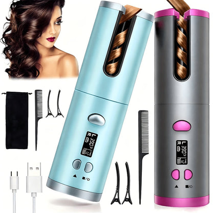 Cordless Automatic Hair Curler USB Rechargeable Rotating Curling Iron 6 Heat Settings LCD Display Auto Shut-Off Fast Heat-Up Storage Bag 4 Hair Clips Comb All Hair Types Women Blue Pink Gray Gradient