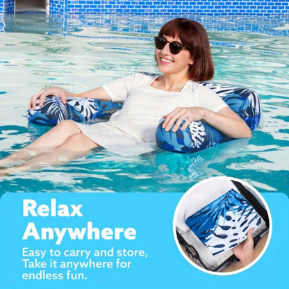 Leaf-Print Inflatable Pool Float Chair with Mesh Sling Seat in Blue, Blue-Green or Red-Cyan Checkout Options