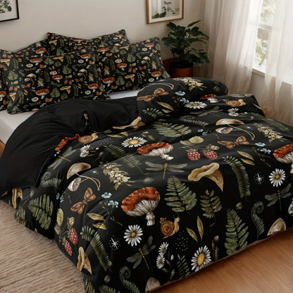 3-Piece Duvet Cover Set with Forest Mushroom and Leaf Print, Zipper Closure and Twin to King Sizes