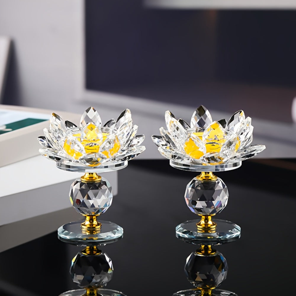 Lotus Candle Holder Pair with Faceted Crystal-Look Petals, 11cm Pedestal Form and Green, Purple, Blue or Pink Options