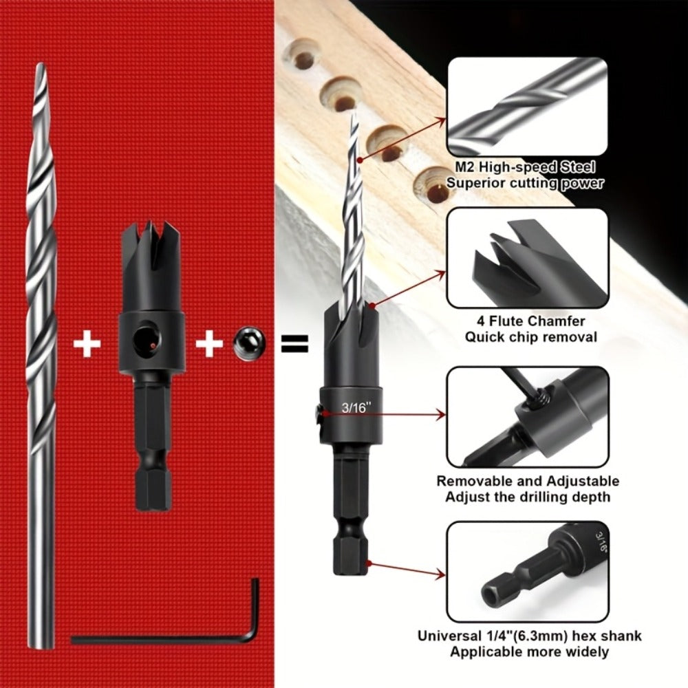 5pcs Countersink Drill Bit Set #4 #6 #8 #10 #12 Tapered with 1/4" Hex Shank Quick-Change – Adjustable Wood Counter Sinker Bits with Allen Wrench for Woodworking