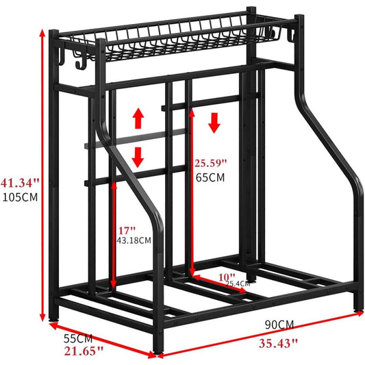 Freestanding Bike Storage Stand with Basket & Hooks – Adjustable Floor Rack for 3-4 Bikes, Indoor Outdoor Garage Organizer