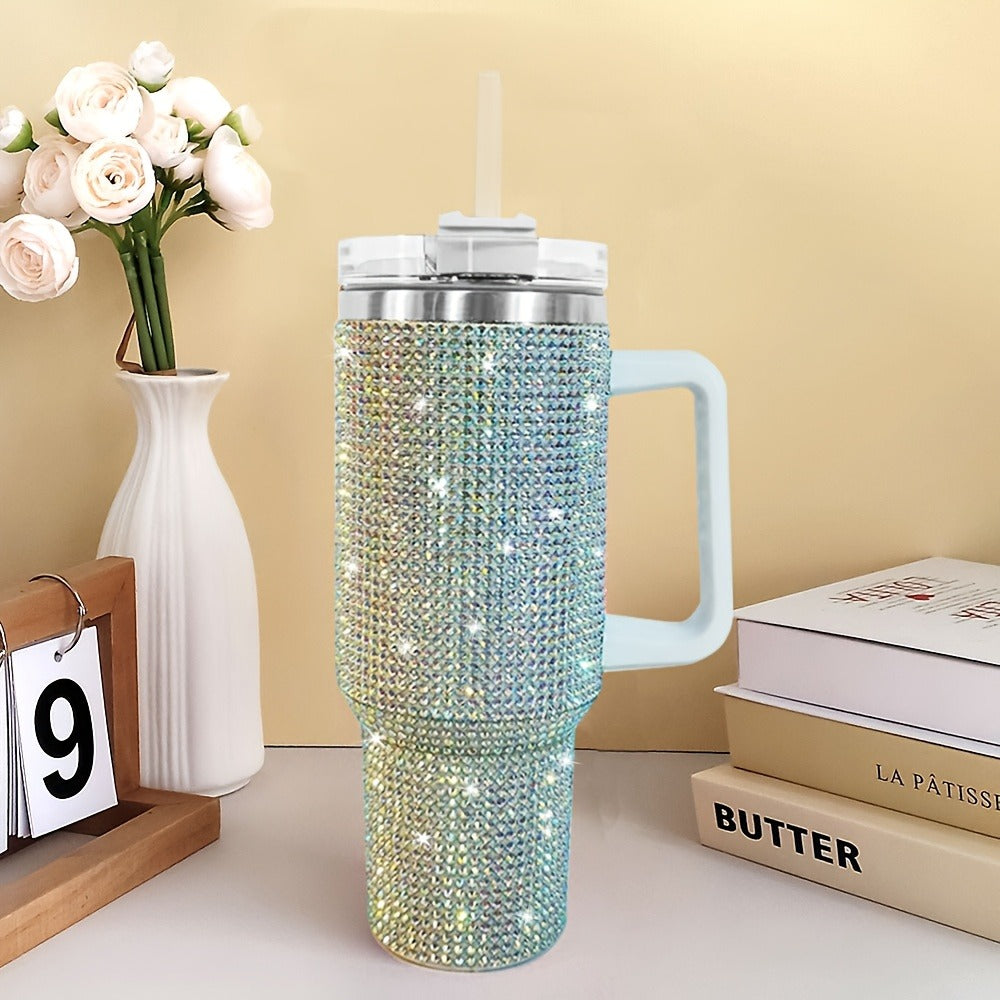 Rhinestone-Covered 40oz Stainless Steel Tumbler with Handle, Straw Lid and Textured Silver Finish