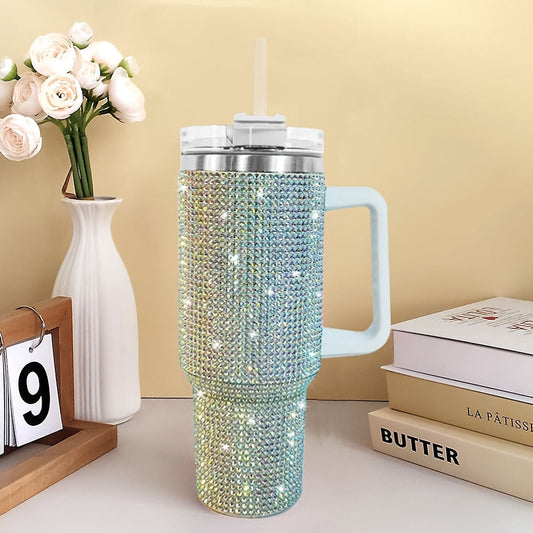 Bling Diamond Tumbler 40 Oz – Studded Rhinestone Stainless Steel Insulated Travel Mug with Handle & Straw Lid – Fits Car Cup Holders – Glamorous Gift for Women – Silver