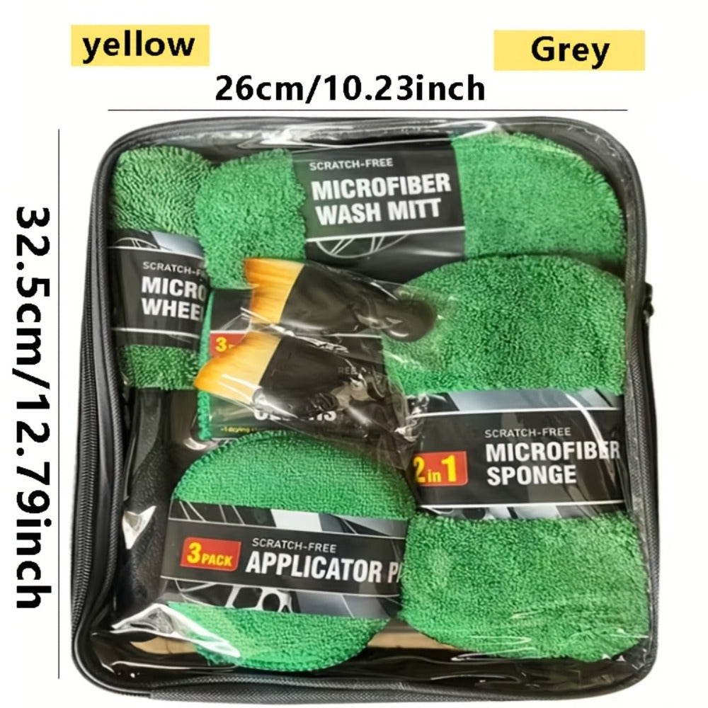 11-Piece Car Cleaning Kit with Microfiber Wash Mitts, Tire Brushes, Applicator Pads and Gray Storage Bag