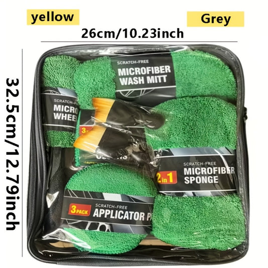 11-Piece Car Cleaning Kit – Tire Brush, Microfiber Wash Gloves, Thick Absorbent Pads & Detail Sponges for Interior & Exterior Car Detailing, Complete Auto Wash Set, Gray