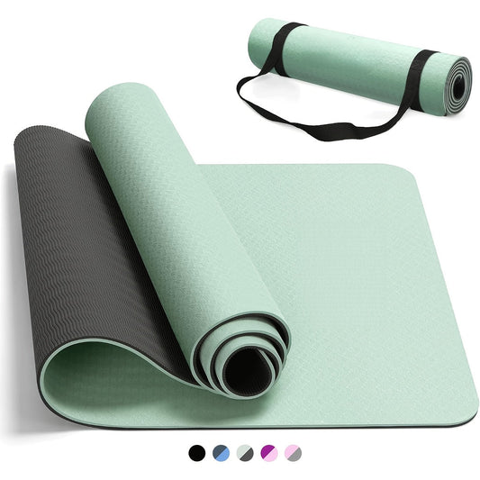 TPE Yoga Mat Non-Slip 72 x 24 Inch – Eco-Friendly Exercise Mat with Carrying Strap for Women & Men, Extra Thick Cushioning for Yoga, Pilates, Stretching & Floor Workouts