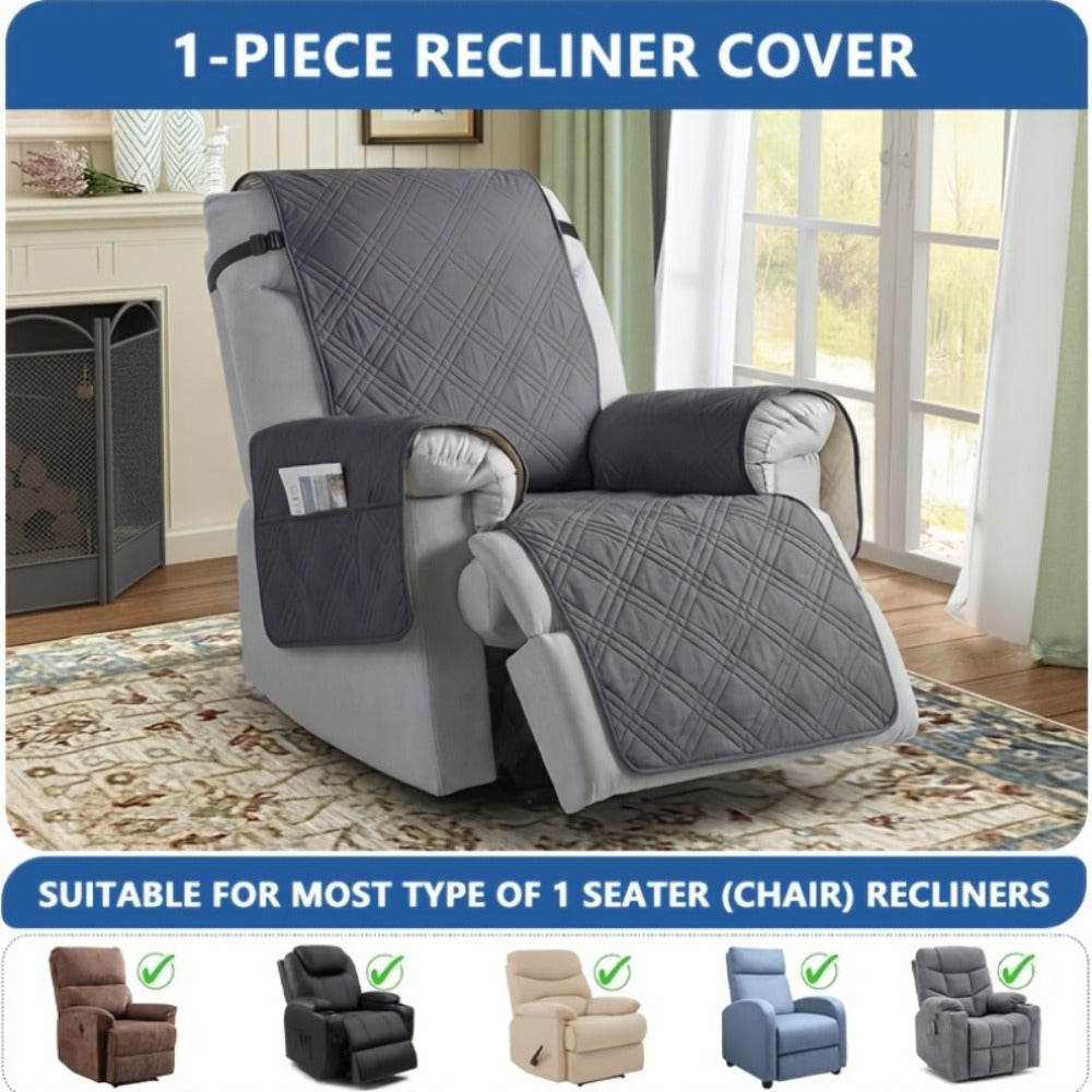 Quilted One-Piece Recliner Chair Cover with Side Pocket, Back Strap and Six Solid Color Options