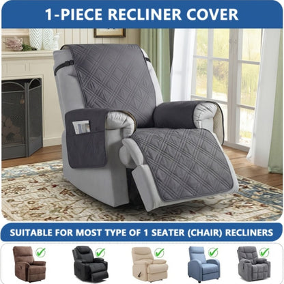 Quilted One-Piece Recliner Chair Cover with Side Pocket, Back Strap and Six Solid Color Options