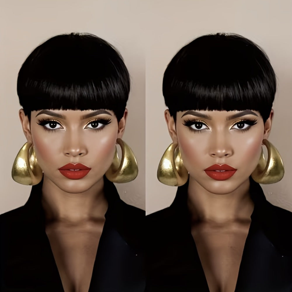 6-Inch Pixie Cut Human Hair Wig with Full Bangs, 180% Density and Black or Burgundy Color Selections
