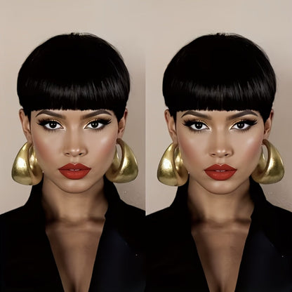 6-Inch Pixie Cut Human Hair Wig with Full Bangs, 180% Density and Black or Burgundy Color Selections