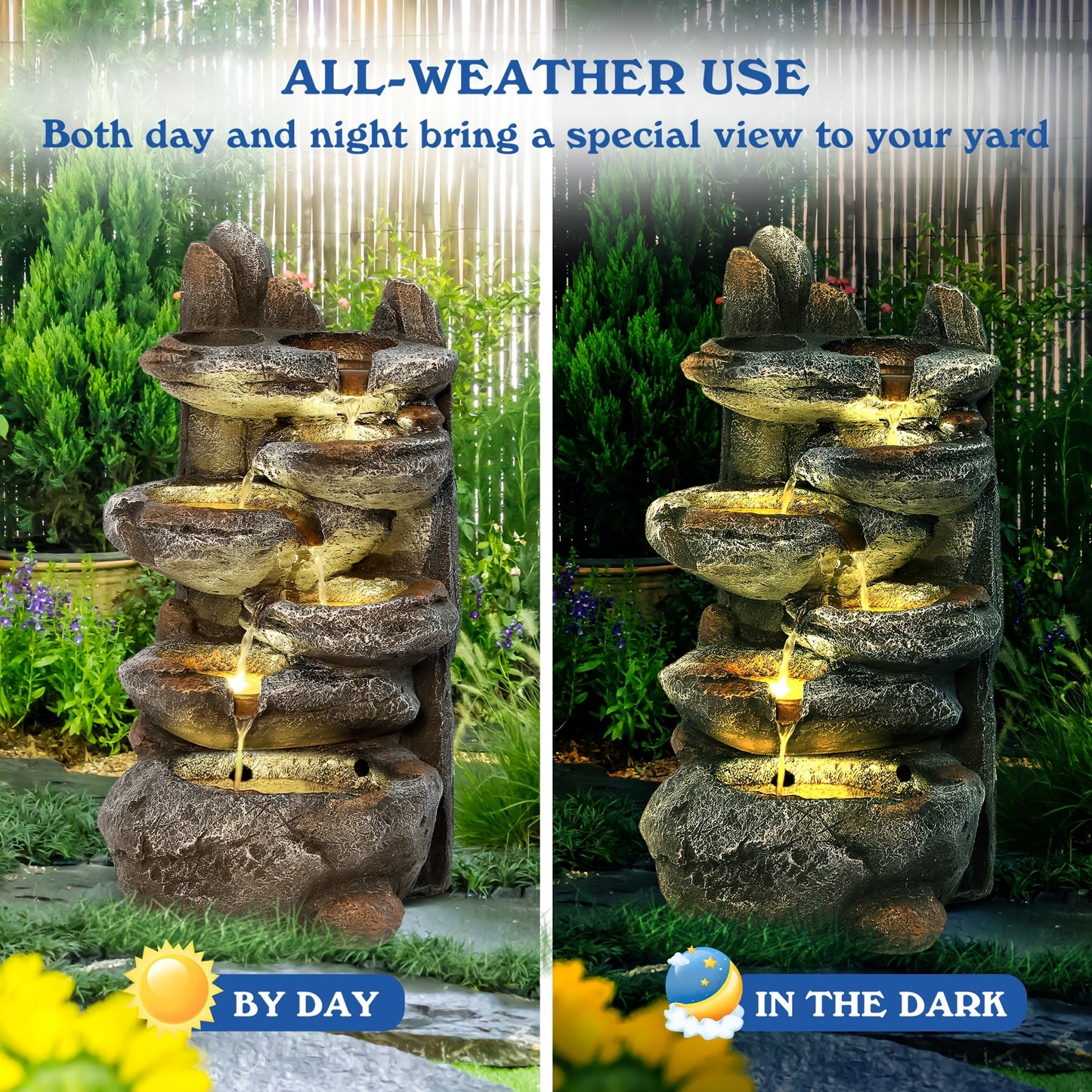 Outdoor Water Fountain 6-Tier Cascading Garden Fountain with LED Lights, Pump & Rocky Peak Decor – IPX5 Waterproof Stone Waterfall for Yard Patio