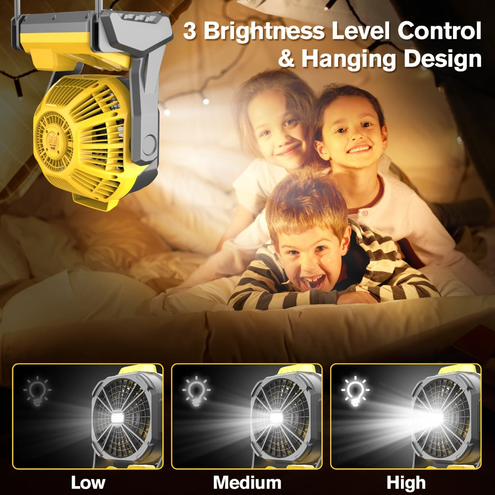 Yellow Cordless Work Fan for Select DeWalt 20V Max Batteries with LED Light, Hanging Hook and Adjustable Tilt, Battery Not Included