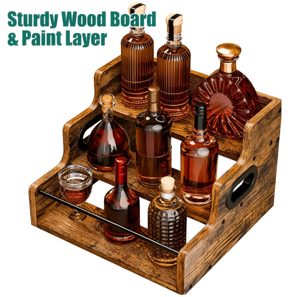 Three-Tier Solid Wood Countertop Wine Rack for Liquor Bottles, Coffee Syrups, Spices and Home Bars