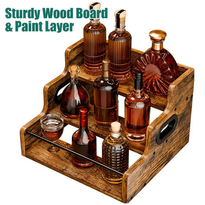 Three-Tier Solid Wood Countertop Wine Rack for Liquor Bottles, Coffee Syrups, Spices and Home Bars