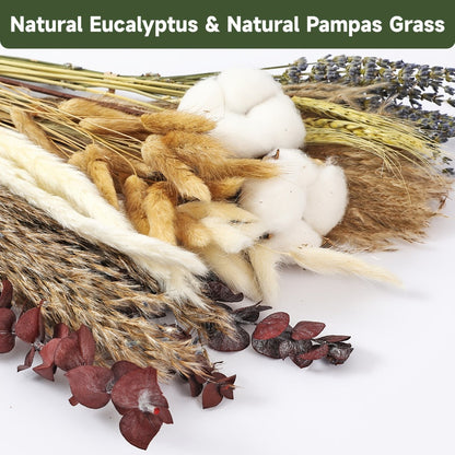 Natural 80-Piece Dried Flower Bouquet with Pampas Grass, Bunny Tails, Eucalyptus, Lavender and Wheat