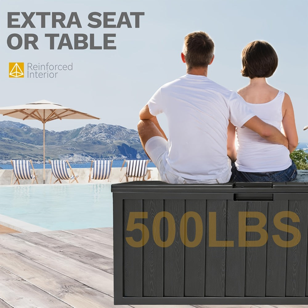 75-Gallon Outdoor Storage Box with Hinged Lid, Side Grips, Small Wheels and Three Color Options