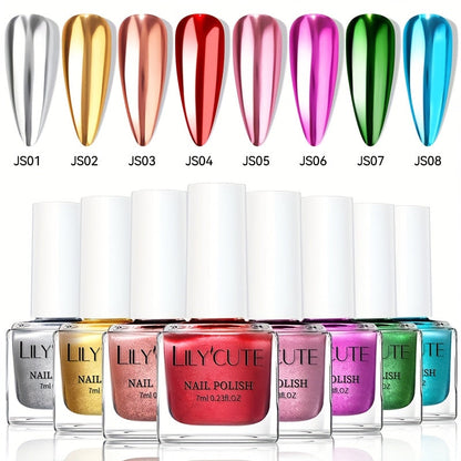 Eight-Piece Metallic Nail Polish Set with JS01–JS08 Mirror-Color Shades in 0.24 oz Glass Bottles