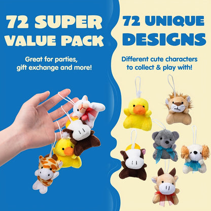 Mini Animal Plush Toy Assortment 72 Pack Bulk – 2.5-3 Inch Stuffed Animals for Party Favors, Carnival Prizes, Classroom Rewards & Stocking Stuffers, 72 Unique Designs No Duplicates